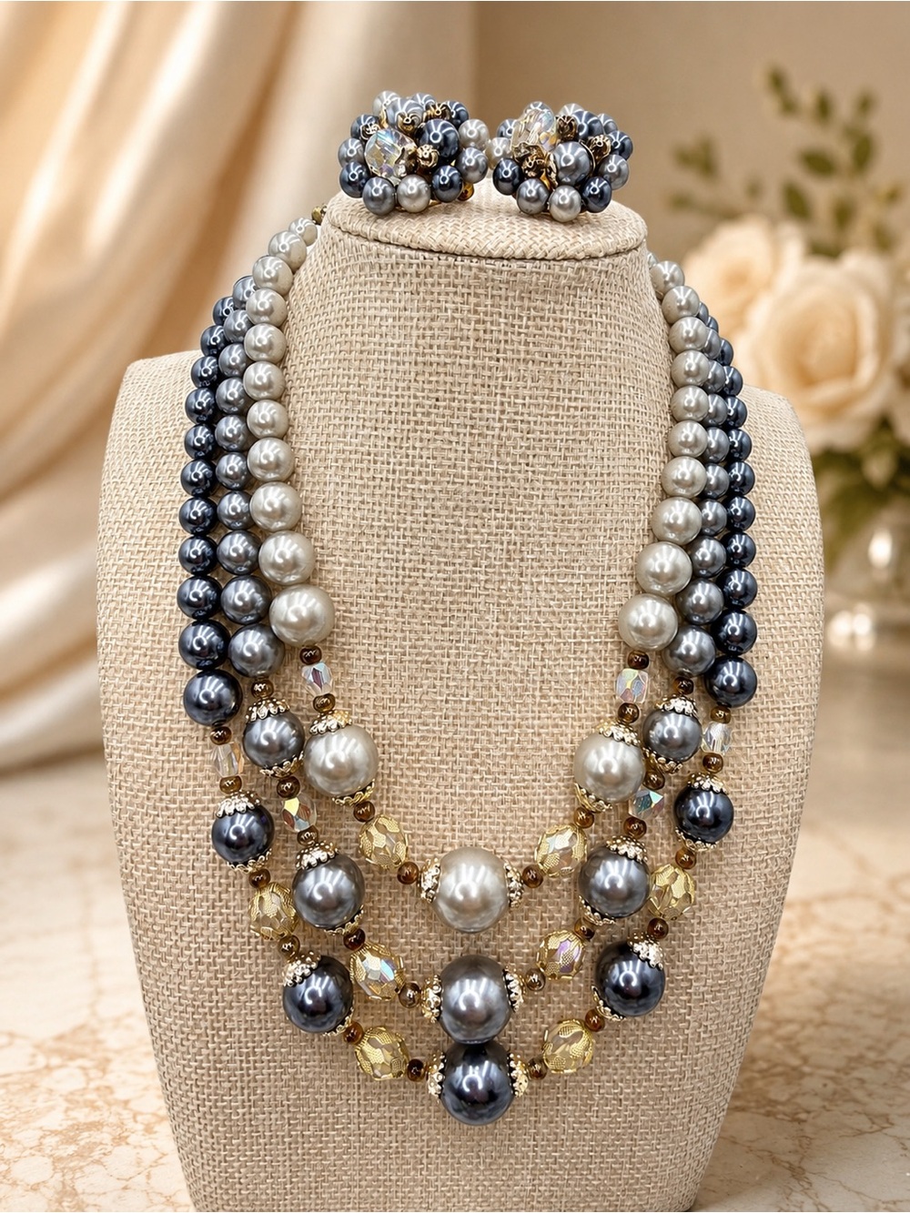 Vintage Japan Triple Strand Pearl Crystal Necklace Clip Earrings Set 14, 16, 18”